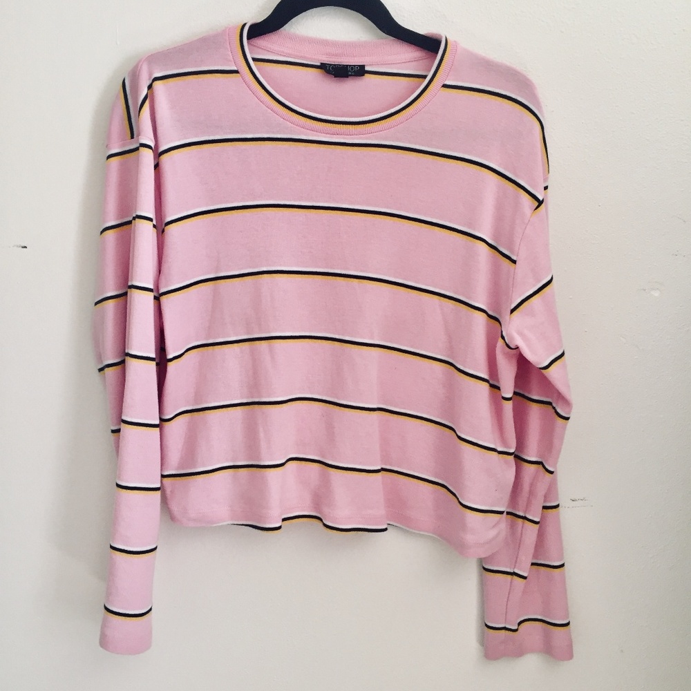 TOPSHOP Pink Stripe Long Sleeve Cropped Tee